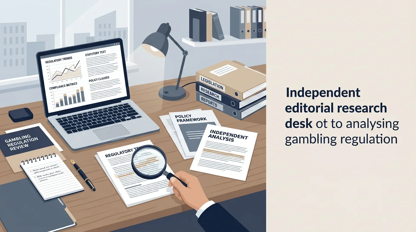 Conceptual illustration of an independent editorial research desk reviewing gambling regulation