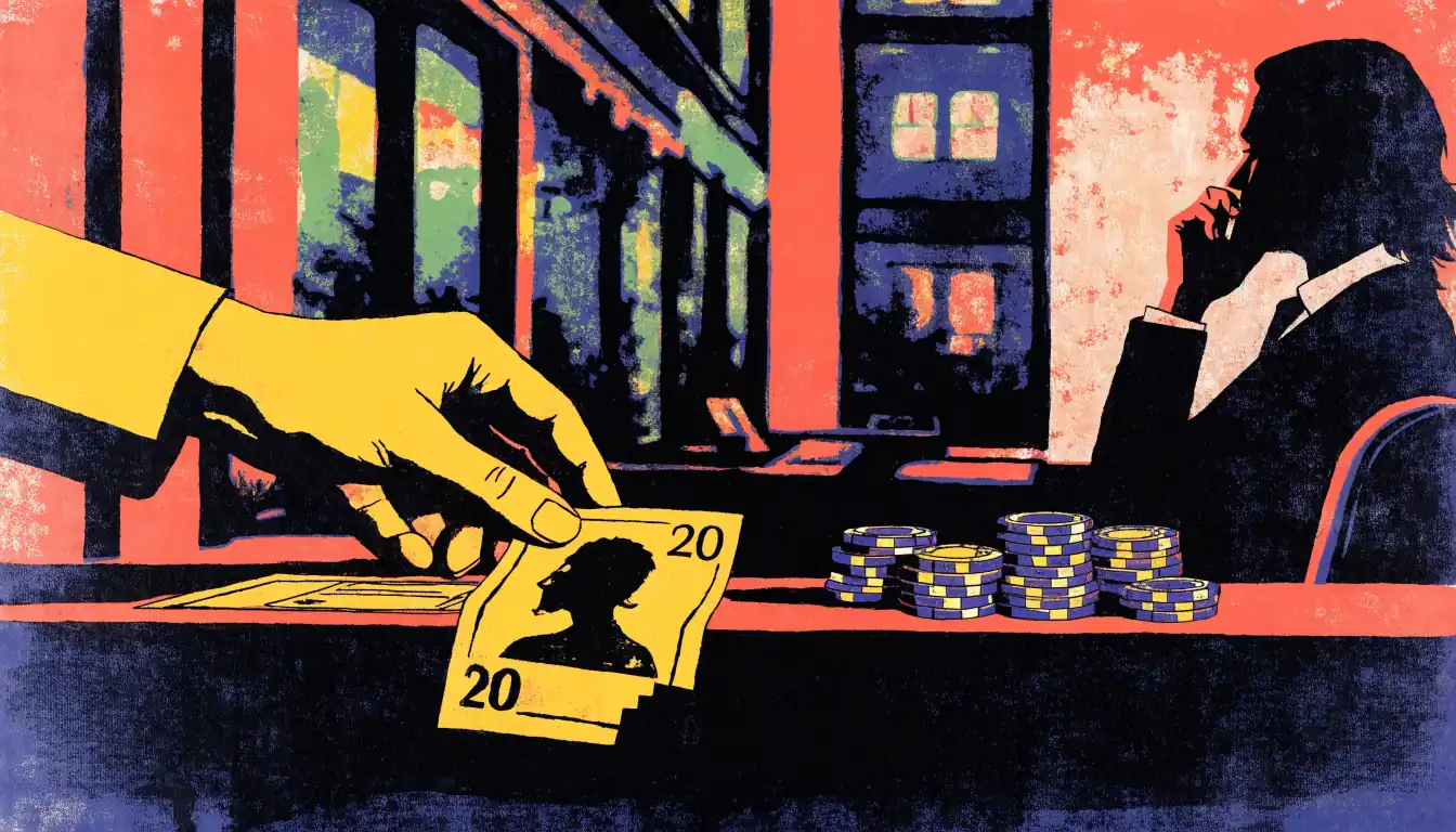 Hand placing a twenty-pound note beside poker chips at a UK casino cashier counter.