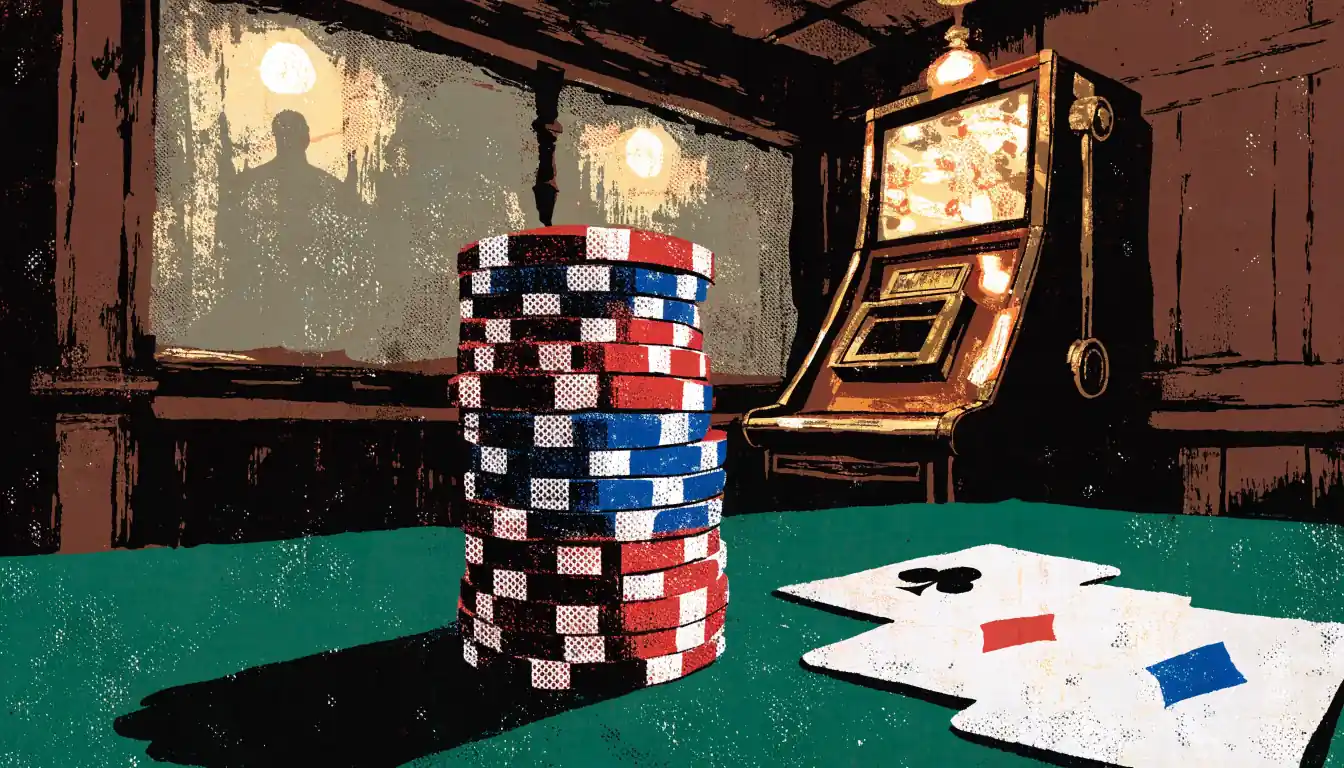 Stacked casino chips and playing cards on a green felt table near a vintage slot machine in a British pub.