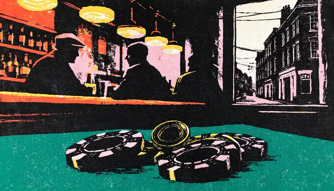 Casino chips and a coin on green felt with a British pub background
