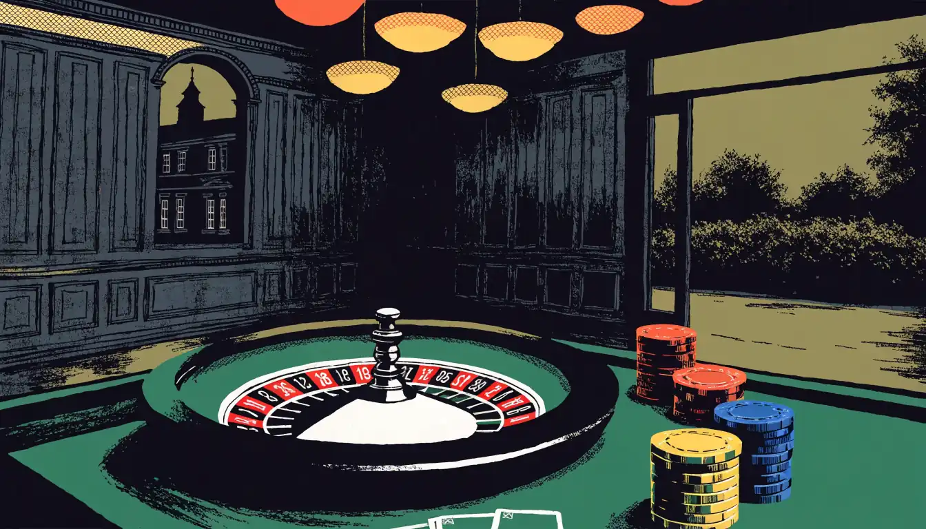 Live casino studio with roulette wheel and chips on green felt table