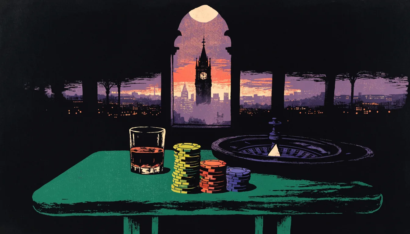 Casino table with chips and roulette wheel overlooking London skyline at twilight.
