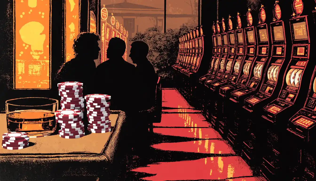 British casino interior with glowing slot machines, chips, and a lit jackpot display.