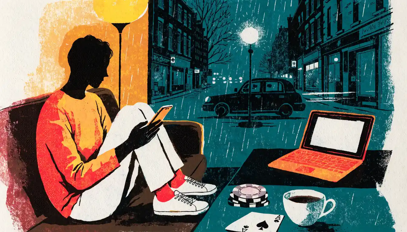 Person at home using a phone and laptop near poker chips and a cup of tea