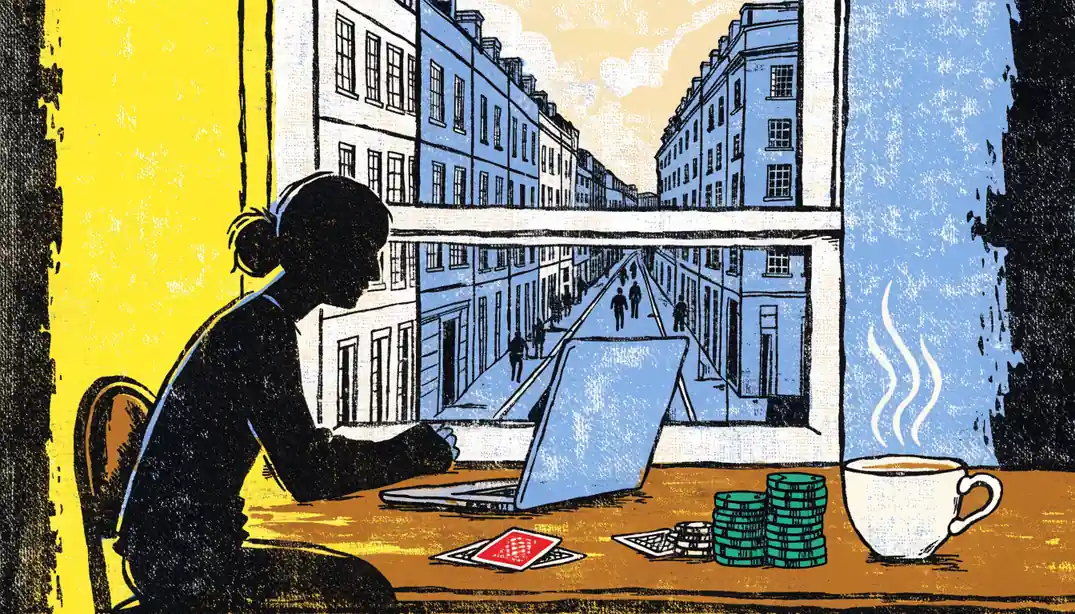 Laptop, casino chips and cards on a wooden table by a window overlooking a Georgian London street.