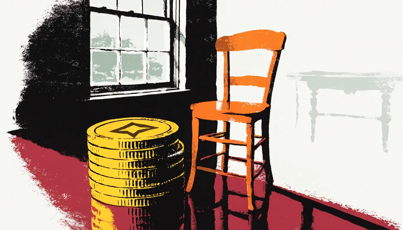 Golden crypto coins next to a wooden pub chair, symbolising UK gambling and cryptocurrency contrast.