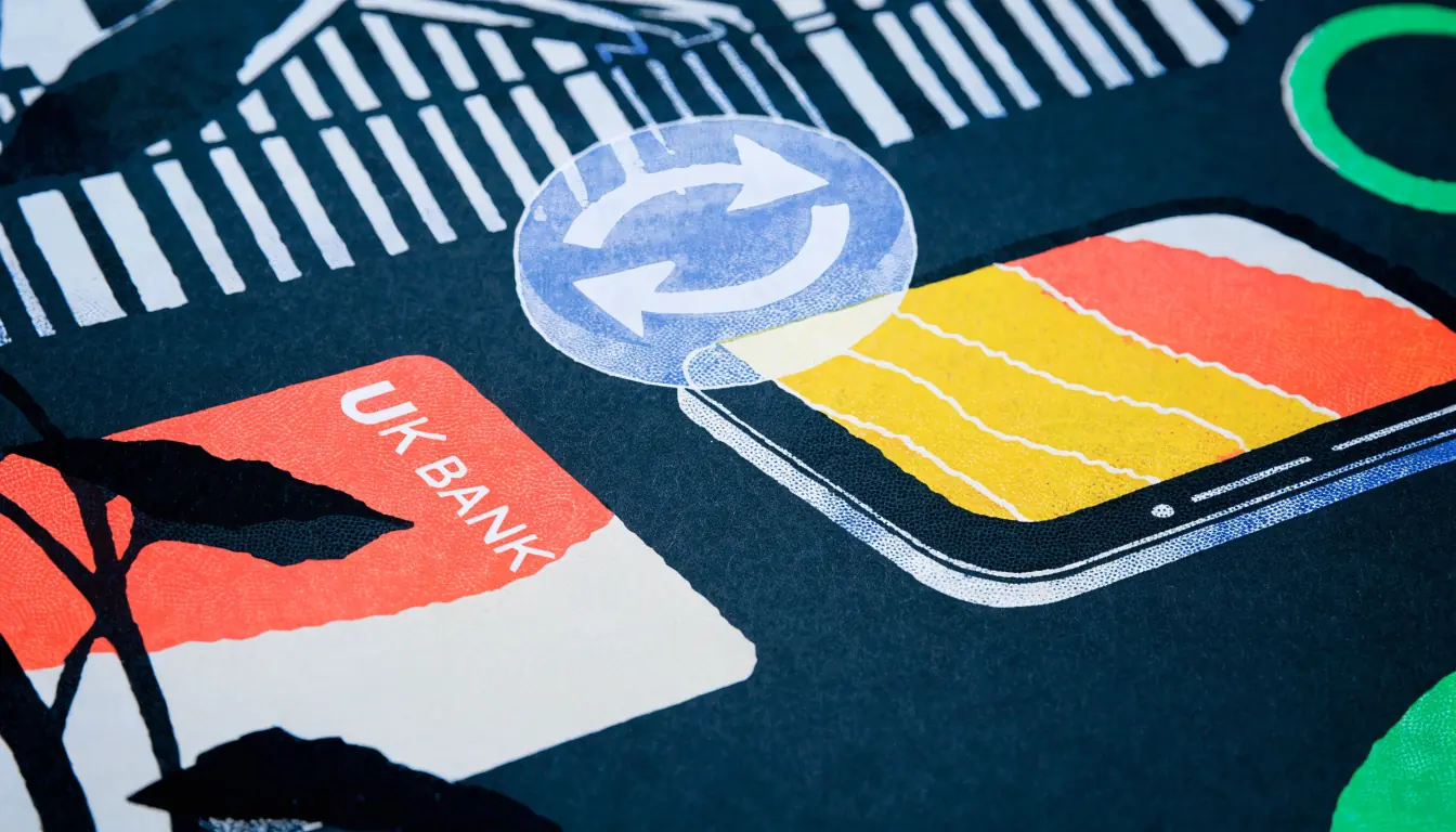Bank card and smartphone on a dark desk, instant transfer arrow