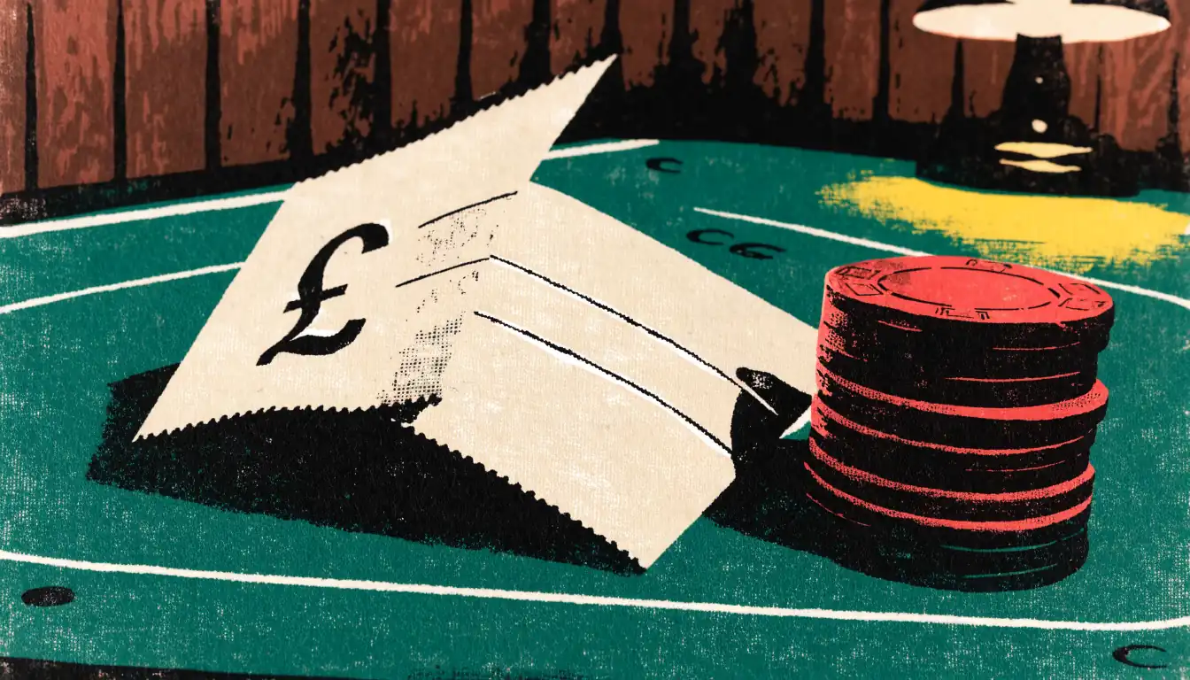 Bank cheque on a casino table with chips in a UK setting.