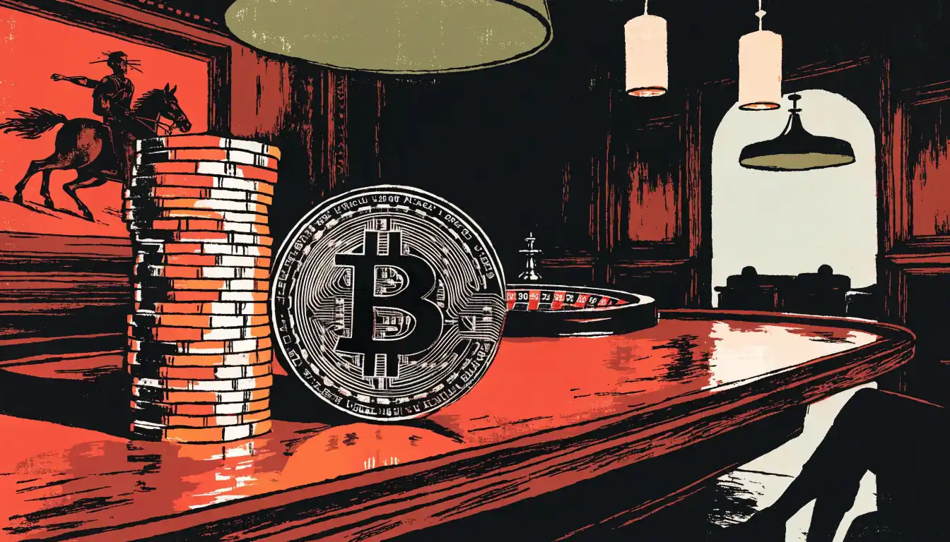 Casino chips and a Bitcoin token on a gaming table in a London private club