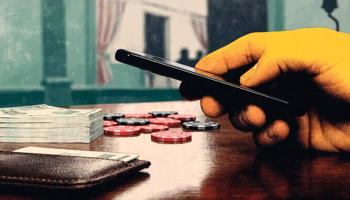 Smartphone, British pounds, casino chips and a bank card on a betting shop table.