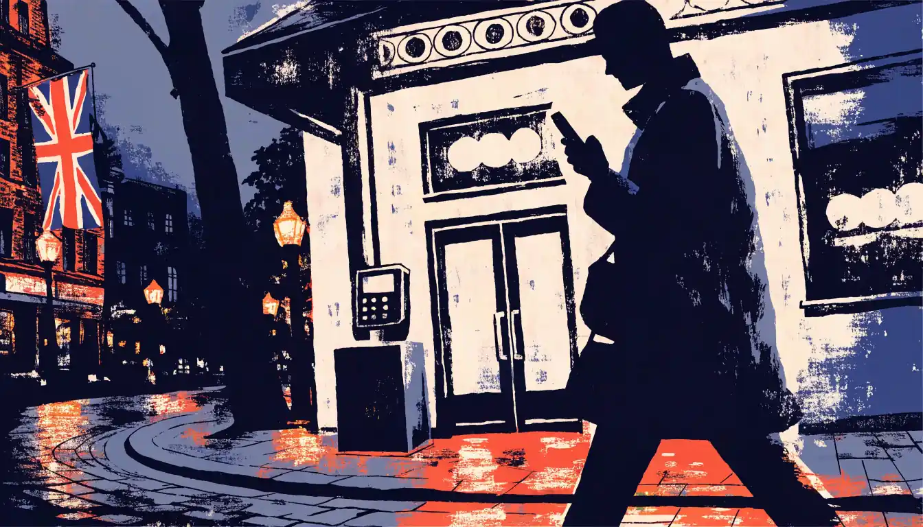 Person with smartphone outside a London casino entrance at dusk, UK street scene
