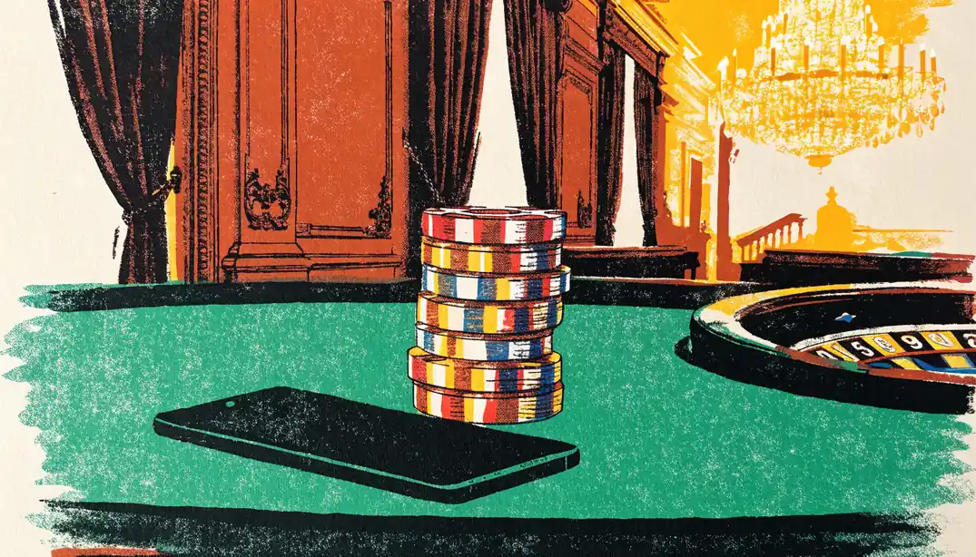 Smartphone face-down on green casino table with poker chips and roulette wheel in a British casino interior.