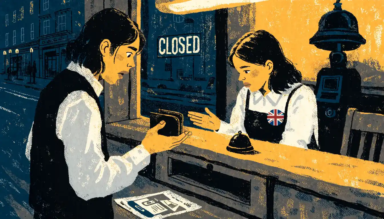 Punter at UK betting shop counter with empty wallet, cashier declining a payment method.