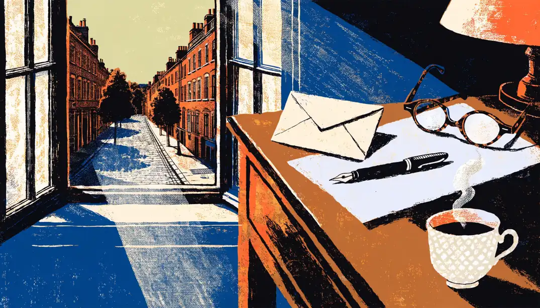 A writing desk by a sash window with an opened envelope, fountain pen, glasses, and tea, London street outside.