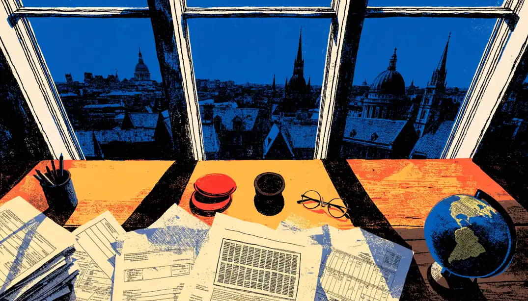 Office desk with official documents, stamp, and London skyline through window