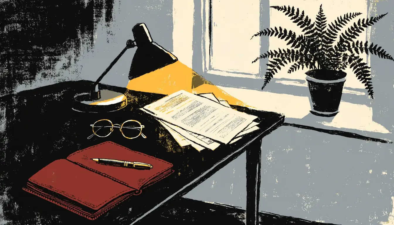 British home office desk with printed disclaimer documents and reading glasses