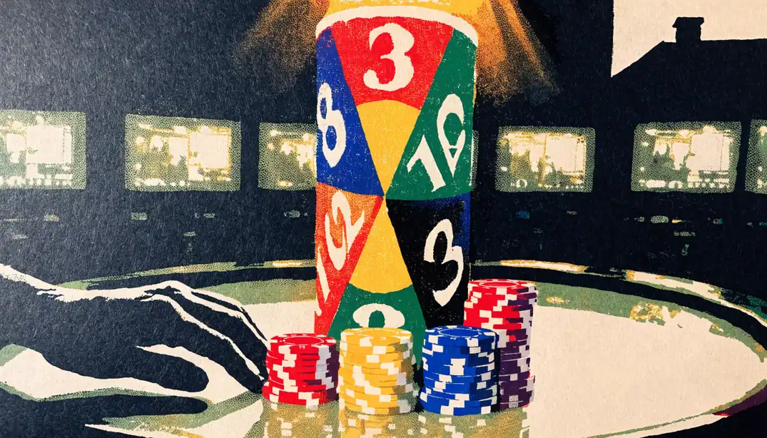 Live casino studio with vertical money wheel, betting chips on table, broadcast monitors in background