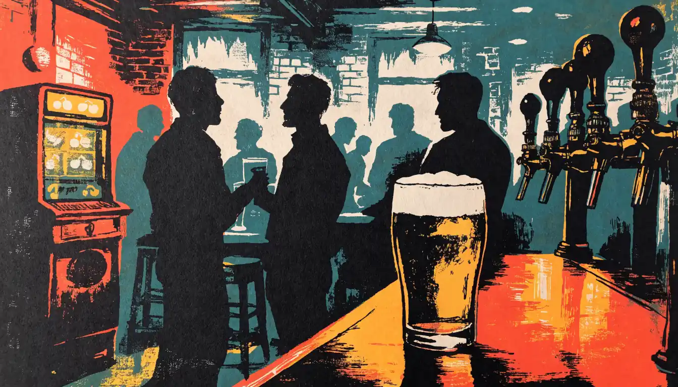 Classic British pub with a vintage fruit machine and pint of ale