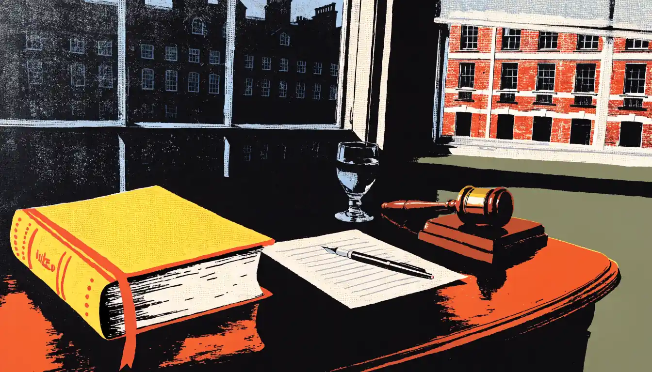 Legal desk with statute book, fountain pen, and gavel in a London office