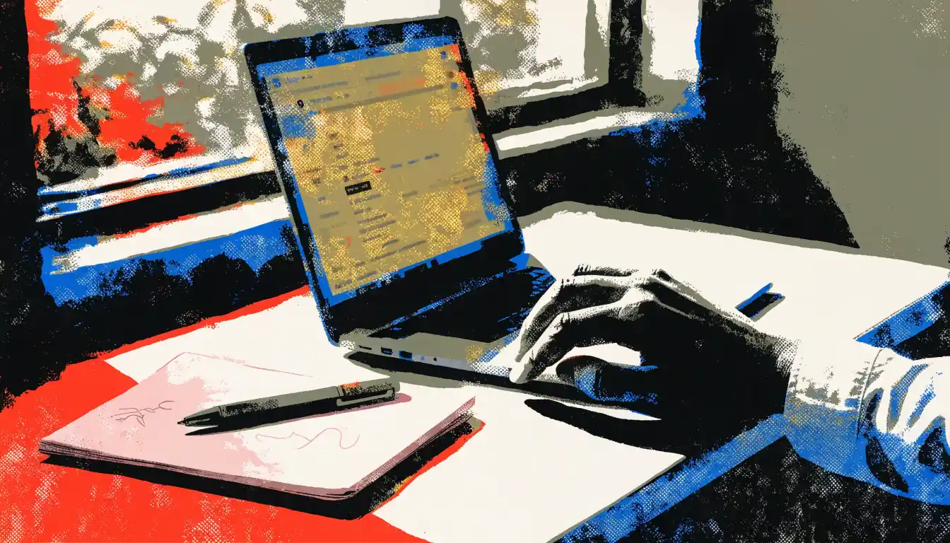 Hand beside a laptop with blurred settings page and a notebook on a desk