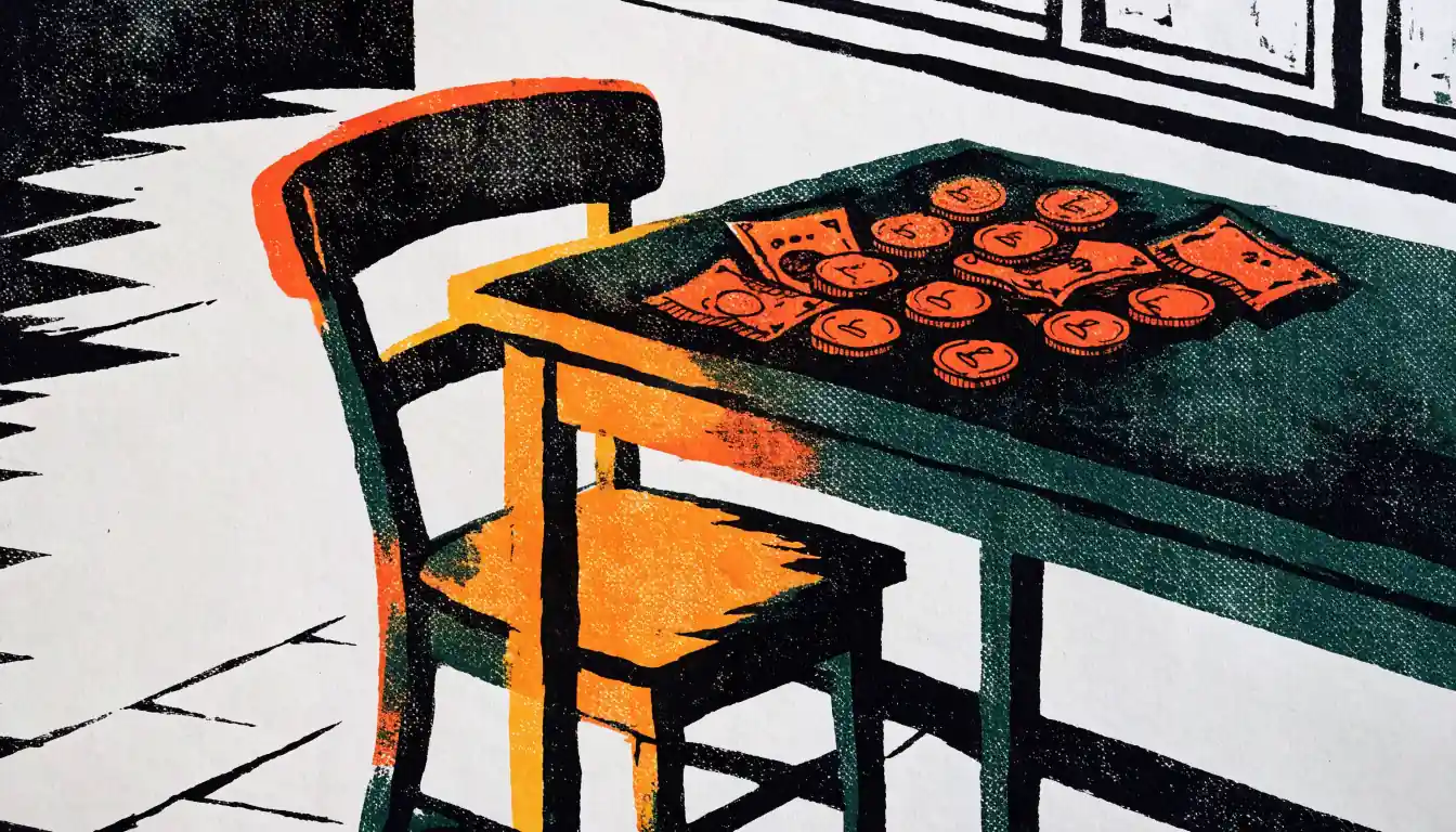 Coins and crumpled notes left on a wooden table beside an empty chair