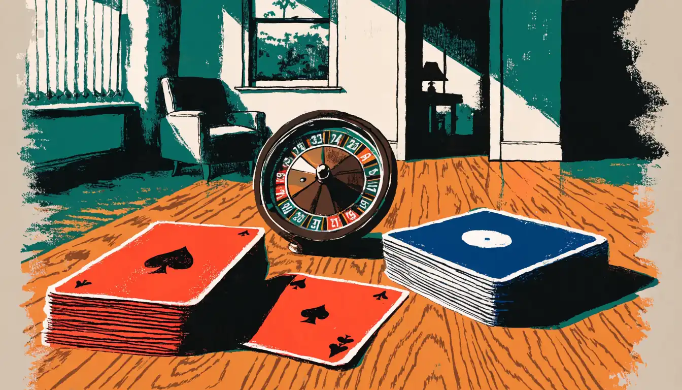 Card decks and a small roulette wheel on a wooden table in afternoon light