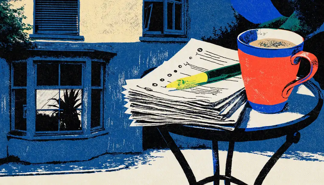 Folded promotional leaflets with a highlighter and a mug of tea