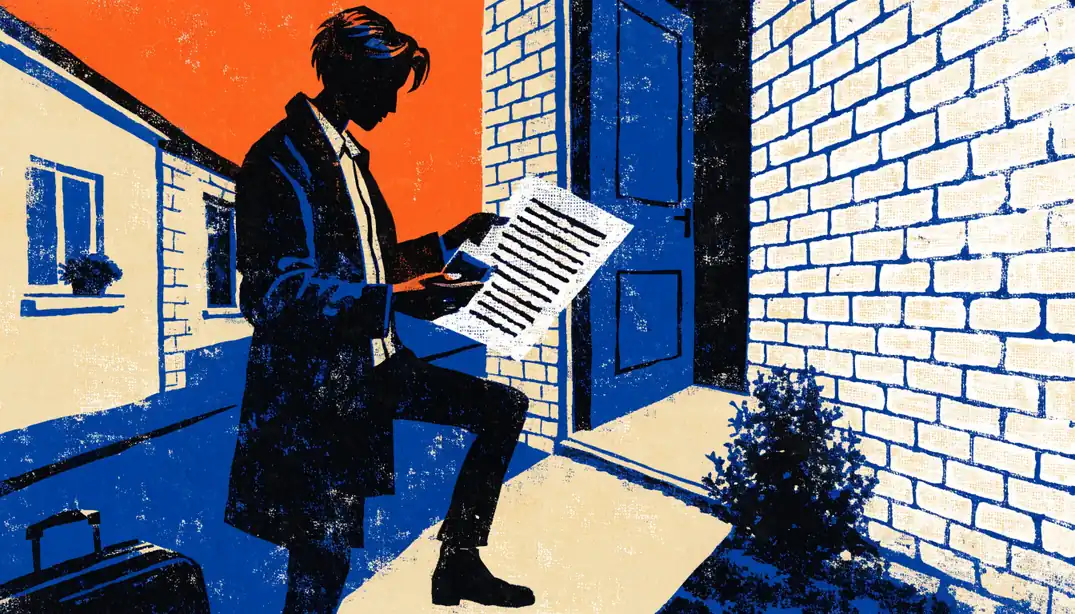 Person at a doorway holding a wallet and a printed terms sheet