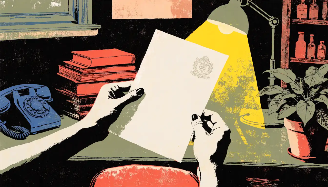 Hands holding an official printed document above a home office desk
