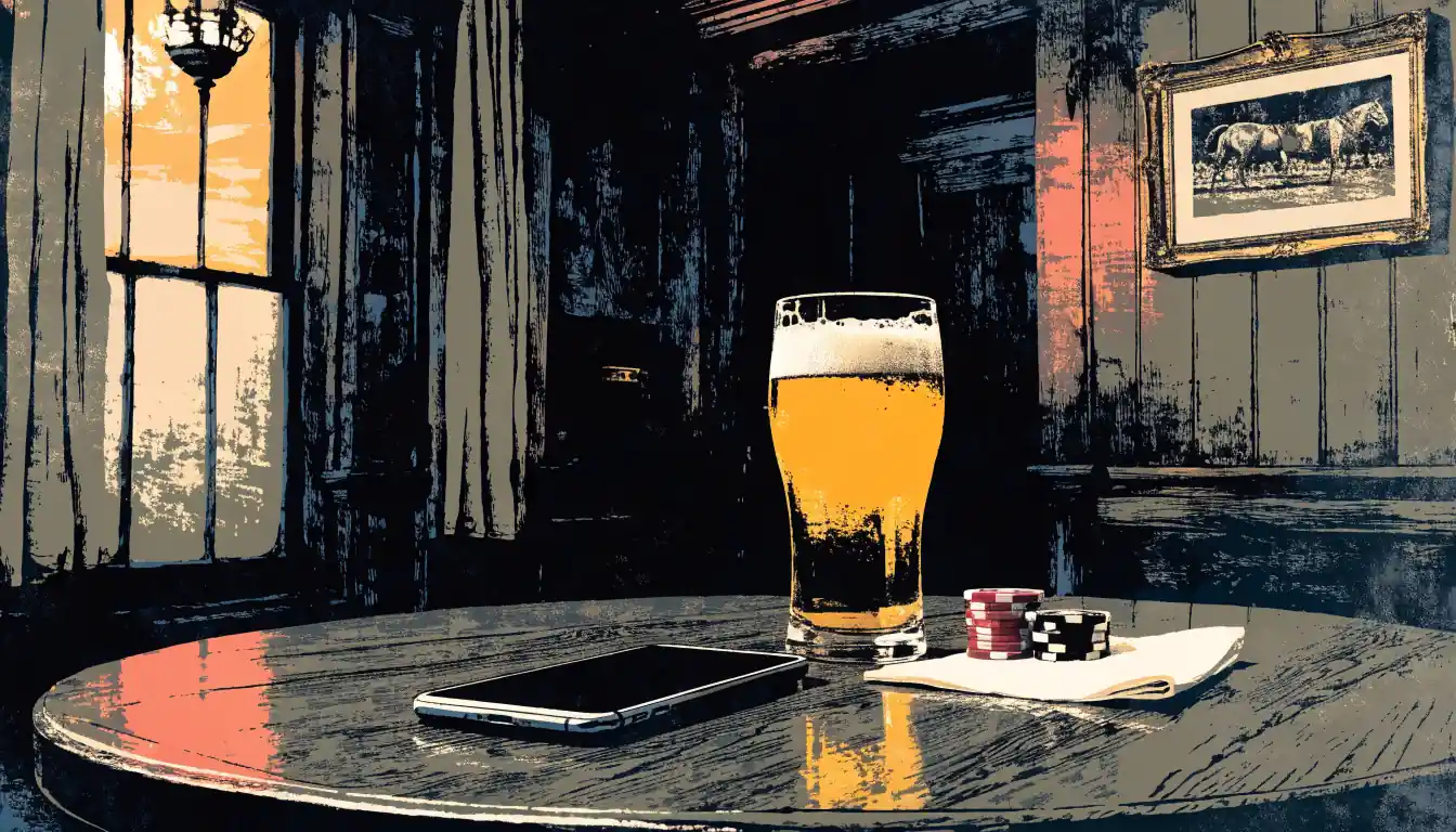 Smartphone face-down on a British pub table beside a pint of ale and casino chips