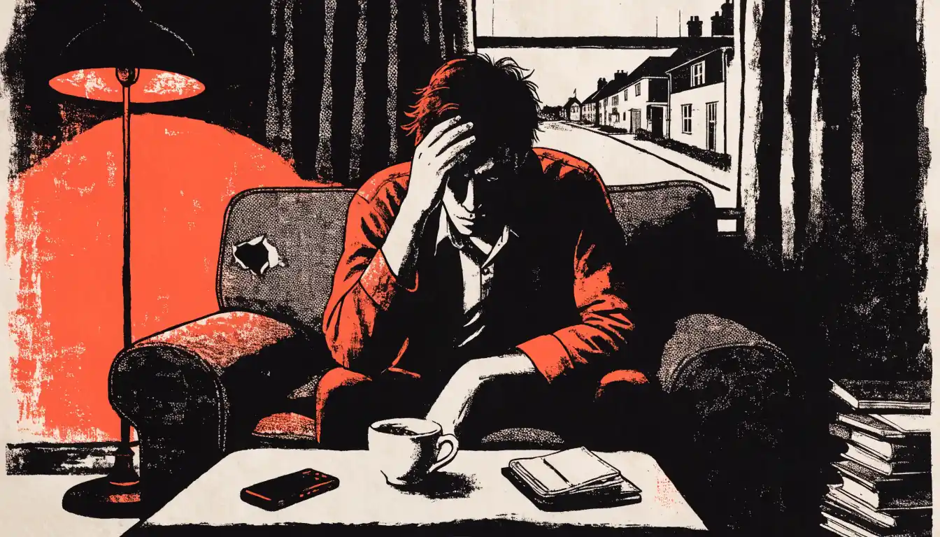 Man alone in dim UK flat late at night, worried pose, phone face-down on table.