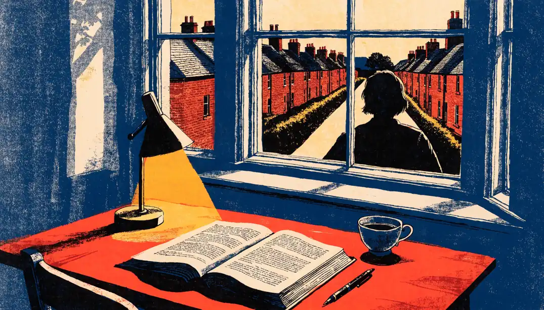 Legal document on a wooden desk with a pen, lamp, and teacup, British street visible through a window.